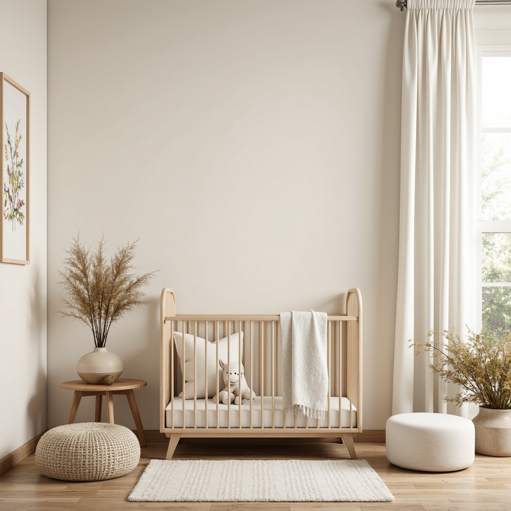 Prompt: Minimalist baby nursery, soft pastel colors, cream-colored walls, wooden floorboards, natural textiles, simple crib design, white linens, subtle patterned rug, minimal furniture arrangement, calm atmosphere, softbox lighting, shallow depth of field, 1/1 composition, warm beige tones, gentle curves, round shapes, baby-friendly decor, few statement pieces, edited simplicity, airy feel, abundant natural light, sheer curtains, botanical prints.