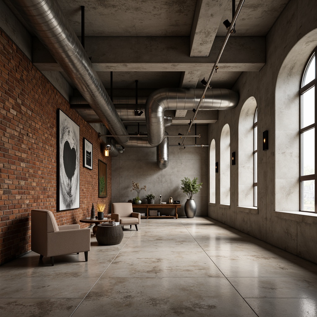 Prompt: Industrial concrete walls, exposed ductwork, metallic machinery, functional pipes, minimalist decor, monochromatic color scheme, neutral tones, earthy brown, urban gray, weathered steel, soft warm lighting, subtle texture overlays, 1/1 composition, shallow depth of field, realistic reflections, ambient occlusion.