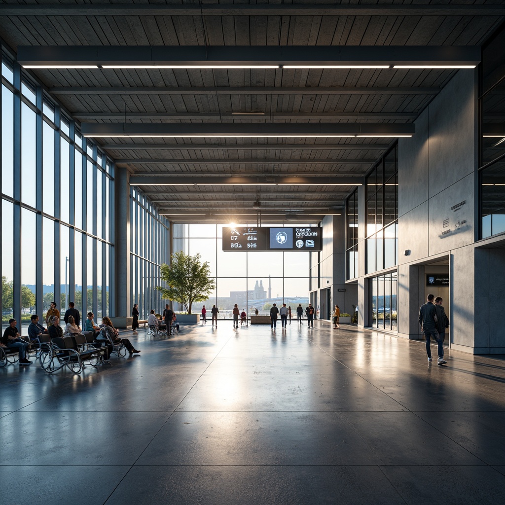 Prompt: Modern airport terminal, high ceilings, open spaces, natural light pouring in through large windows, sleek metal fixtures, suspended linear LED lights, warm white tones, energy-efficient solutions, motion sensors, automatic dimming, airport wayfinding signs, minimalist design, polished concrete floors, stainless steel handrails, futuristic ambiance, soft indirect lighting, shallow depth of field, 1/2 composition, realistic textures, ambient occlusion.