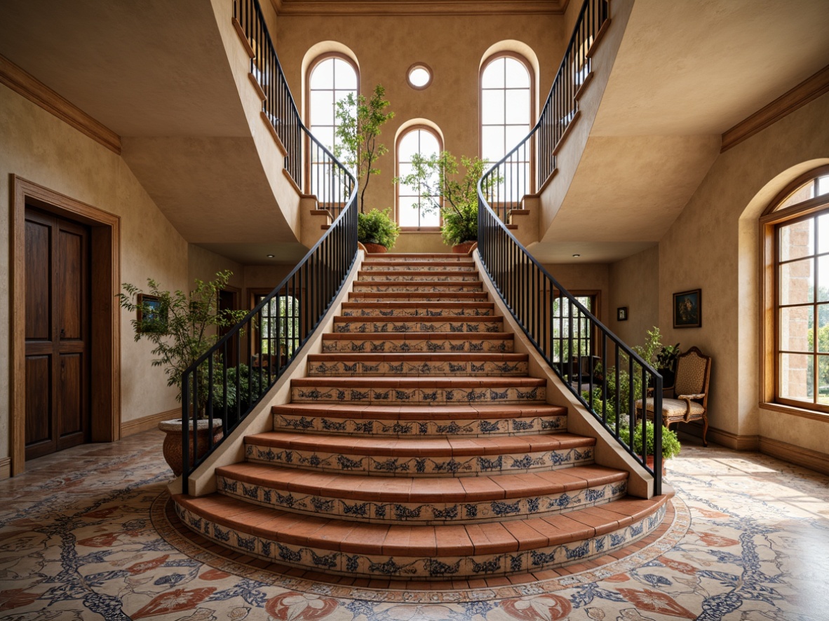 Prompt: Majestic staircase, Mediterranean tile patterns, ornate iron railings, terracotta steps, rustic stone walls, arched windows, warm beige colors, intricate geometric motifs, hand-painted ceramic tiles, vibrant blue accents, natural light, soft shadows, 1/1 composition, close-up shot, realistic textures, ambient occlusion.