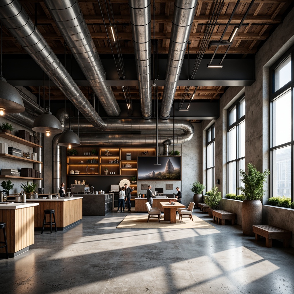 Prompt: Exposed ductwork, metal beams, polished concrete floors, industrial-style lighting fixtures, Edison bulbs, metal shades, suspended linear lights, reclaimed wood accents, urban loft atmosphere, natural daylight, large windows, minimal decor, functional aesthetic, high ceilings, open space, modern machinery, metallic tones, bold color schemes, dramatic shadows, low-key ambient lighting, 1/1 composition, realistic textures, ambient occlusion.