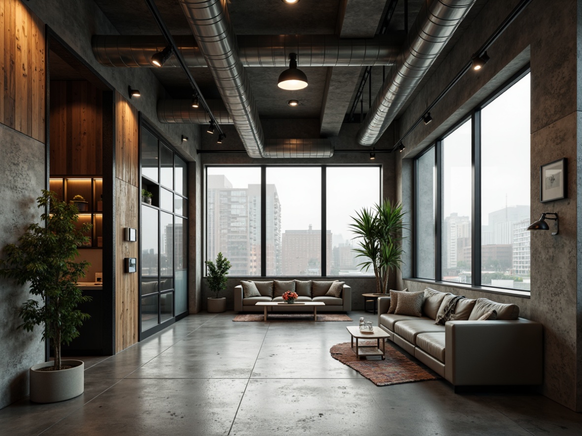 Prompt: Industrial concrete floors, exposed ductwork, metal beams, reclaimed wood accents, minimalist decor, sparse greenery, functional lighting, large windows, urban views, gritty textures, realistic wear, subtle color palette, atmospheric mist, softbox lighting, shallow depth of field, 2/3 composition, cinematic ratio, ambient occlusion.