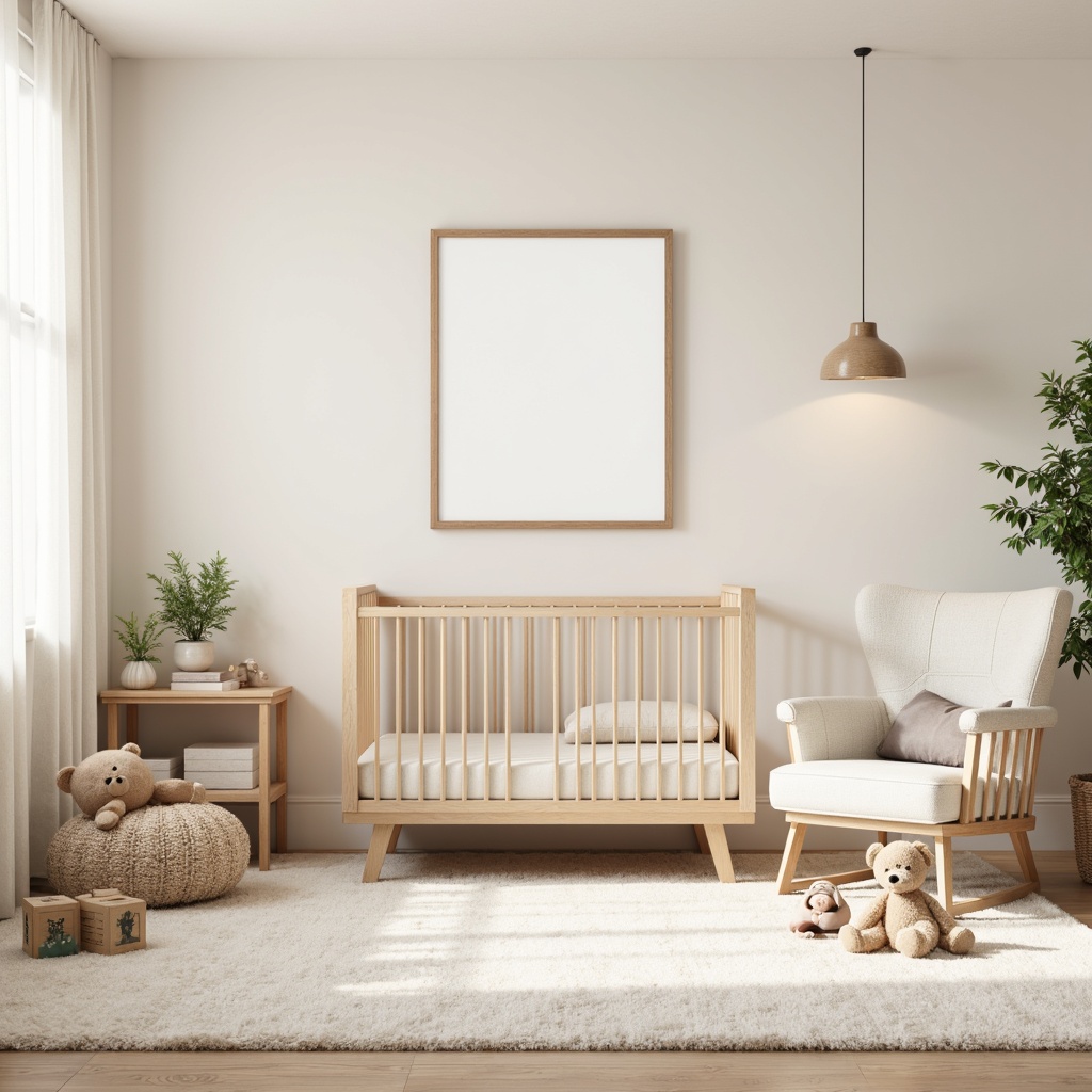 Prompt: Soft pastel colors, minimalist furniture, clean lines, simple shapes, gentle textures, creamy whites, warm beiges, subtle patterns, delicate florals, sweet nursery rhymes, adorable stuffed animals, soft toy blocks, wooden cribs, plush carpets, natural light, sheer curtains, calming ambiance, shallow depth of field, 1/1 composition, realistic fabrics, ambient occlusion.