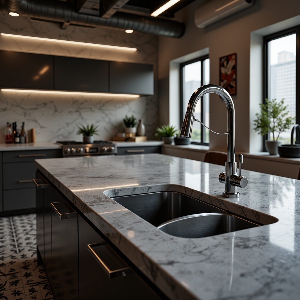 Prompt: Sleek modern kitchen, innovative sink designs, curved stainless steel basins, touchless faucets, sensor-activated water flow, LED lighting, polished chrome fixtures, minimalist cabinetry, quartz countertops, geometric tile patterns, urban loft atmosphere, warm ambient lighting, shallow depth of field, 1/1 composition, realistic reflections, soft focus.