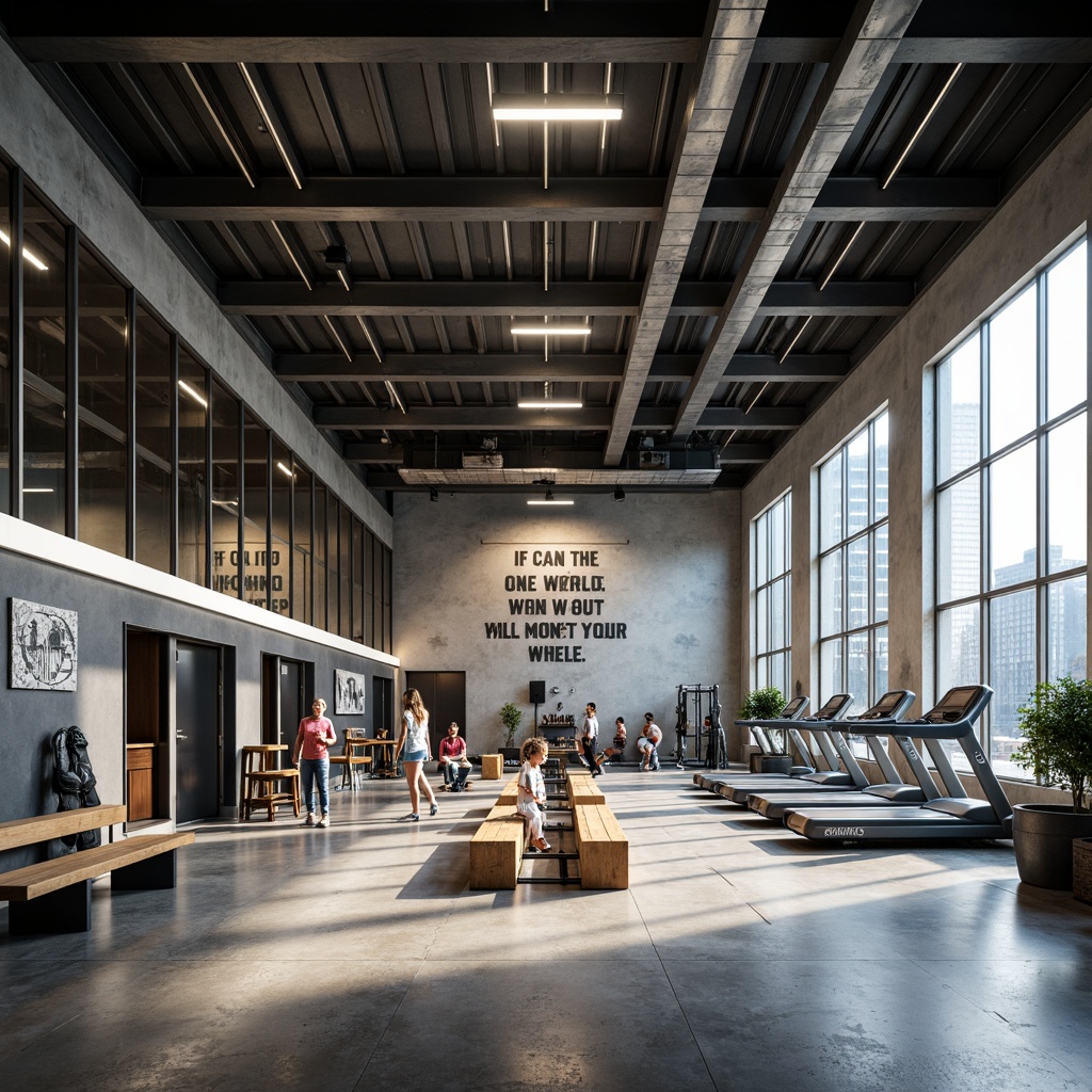 Prompt: Functional gymnasium, modern industrial architecture, open-plan layout, polished concrete floors, mirrored walls, steel beams, overhead lighting, athletic equipment, treadmills, free weights, exercise machines, spacious locker rooms, showers, wooden benches, motivational quotes, urban views, large windows, natural light, high ceilings, 1/2 composition, shallow depth of field, realistic textures, ambient occlusion.