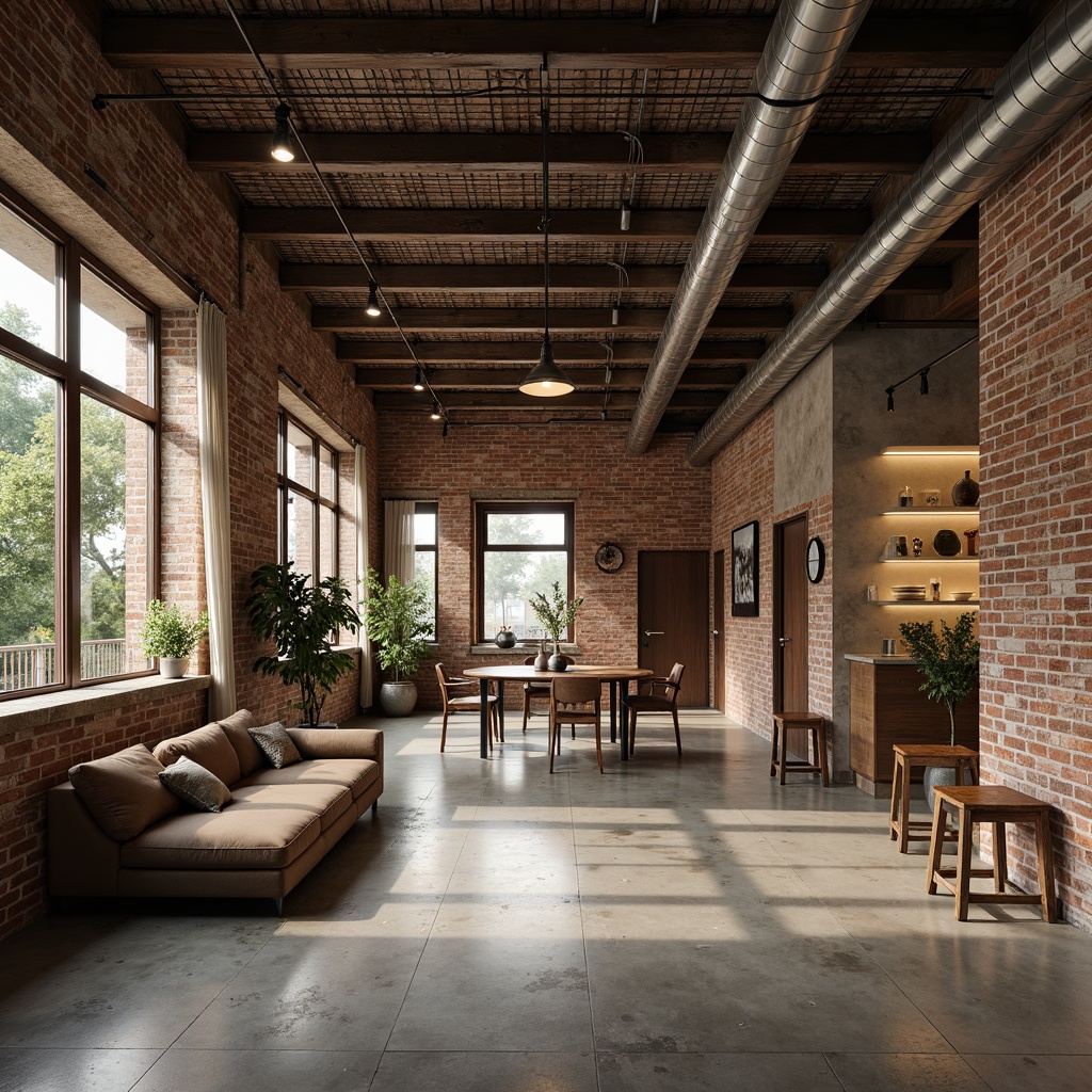 Prompt: Rustic industrial interior, distressed brick walls, metallic beams, reclaimed wood accents, exposed ductwork, polished concrete floors, metal grid ceilings, industrial-style lighting fixtures, minimalist decor, functional pipes, urban loft atmosphere, natural textures, earthy color palette, warm ambient lighting, shallow depth of field, 1/1 composition, realistic reflections.