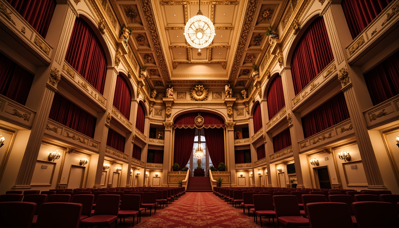 Prompt: Elegant opera house, ornate chandeliers, warm golden lighting, soft spotlighting, rich velvet drapes, intricately carved wooden panels, grand staircase, majestic high ceilings, crystal sconces, subtle color temperature shifts, dramatic shadowplay, symmetrical composition, 1/1 aspect ratio, realistic textures, ambient occlusion, warm creamy tones, luxurious red carpets, gilded details, ornate moldings, refined architectural lines.