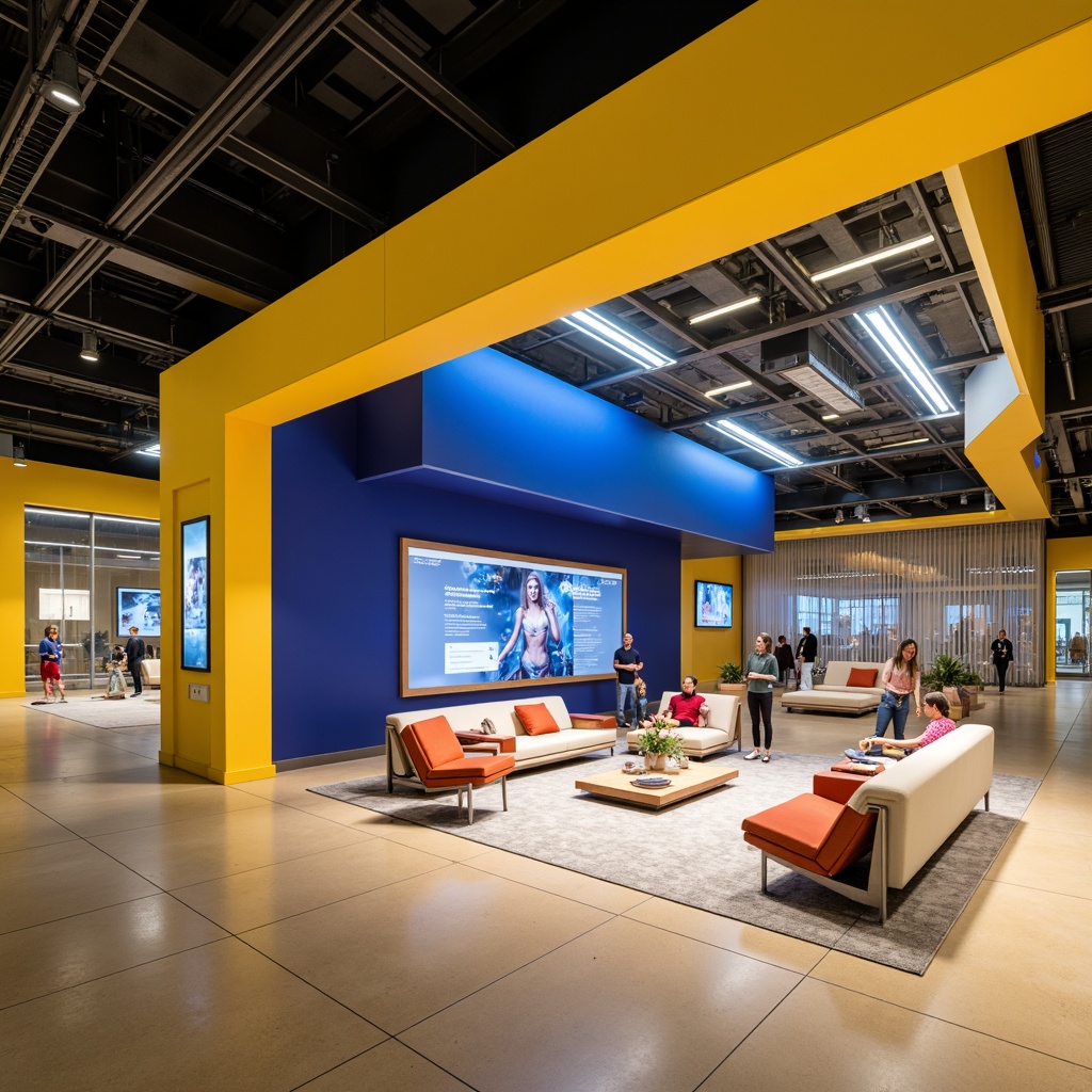 Prompt: Vibrant exhibition hall, bold color blocking, neutral beige floors, accent walls with deep blues, energetic yellow highlights, sleek modern furniture, polished chrome fixtures, interactive digital displays, immersive experiences, atmospheric lighting design, warm LED illumination, shallow depth of field, 1/1 composition, realistic textures, ambient occlusion.