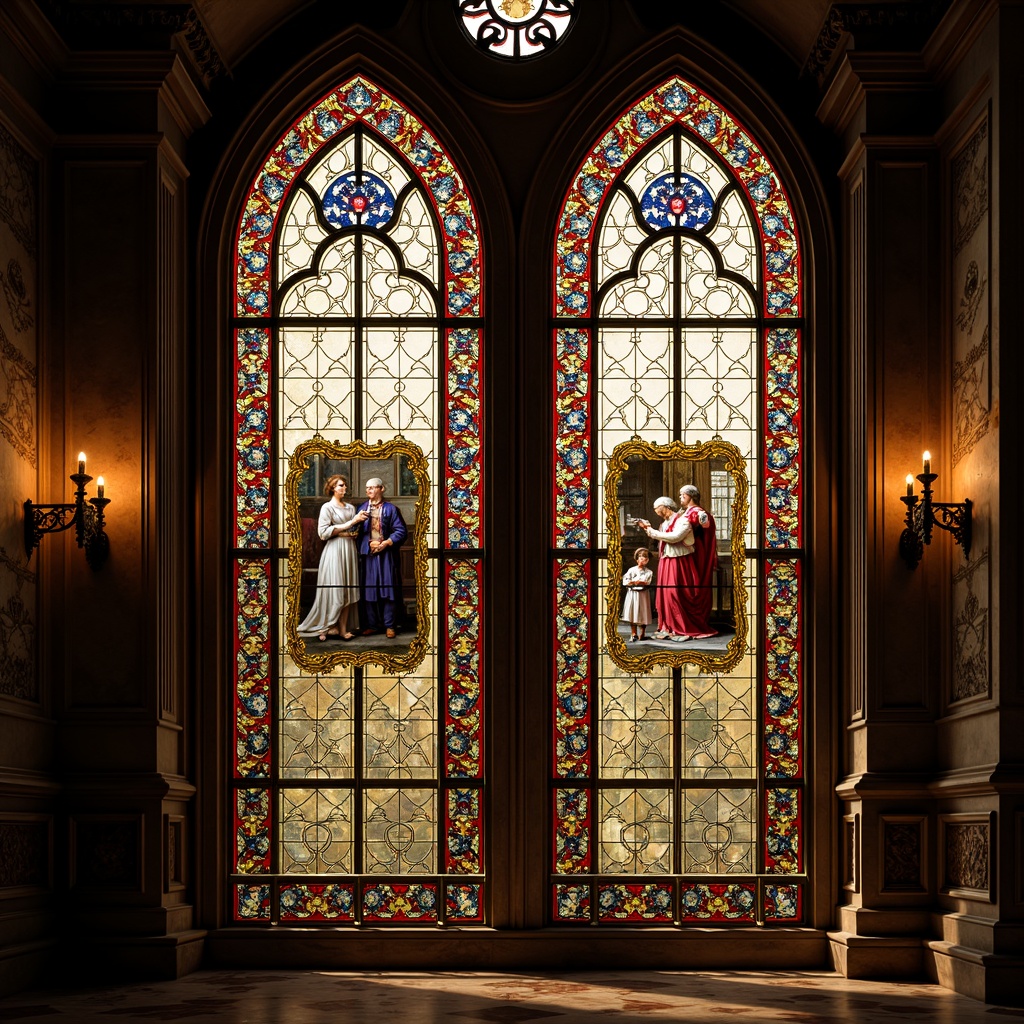 Prompt: Ornate stained glass windows, rich jewel-toned colors, intricate Baroque patterns, ornamental metal frames, delicate floral motifs, symmetrical compositions, warm golden light, soft diffused glow, 1/1 aspect ratio, shallow depth of field, vibrant reds, blues, and greens, subtle texture nuances, realistic refractions, dramatic chiaroscuro.