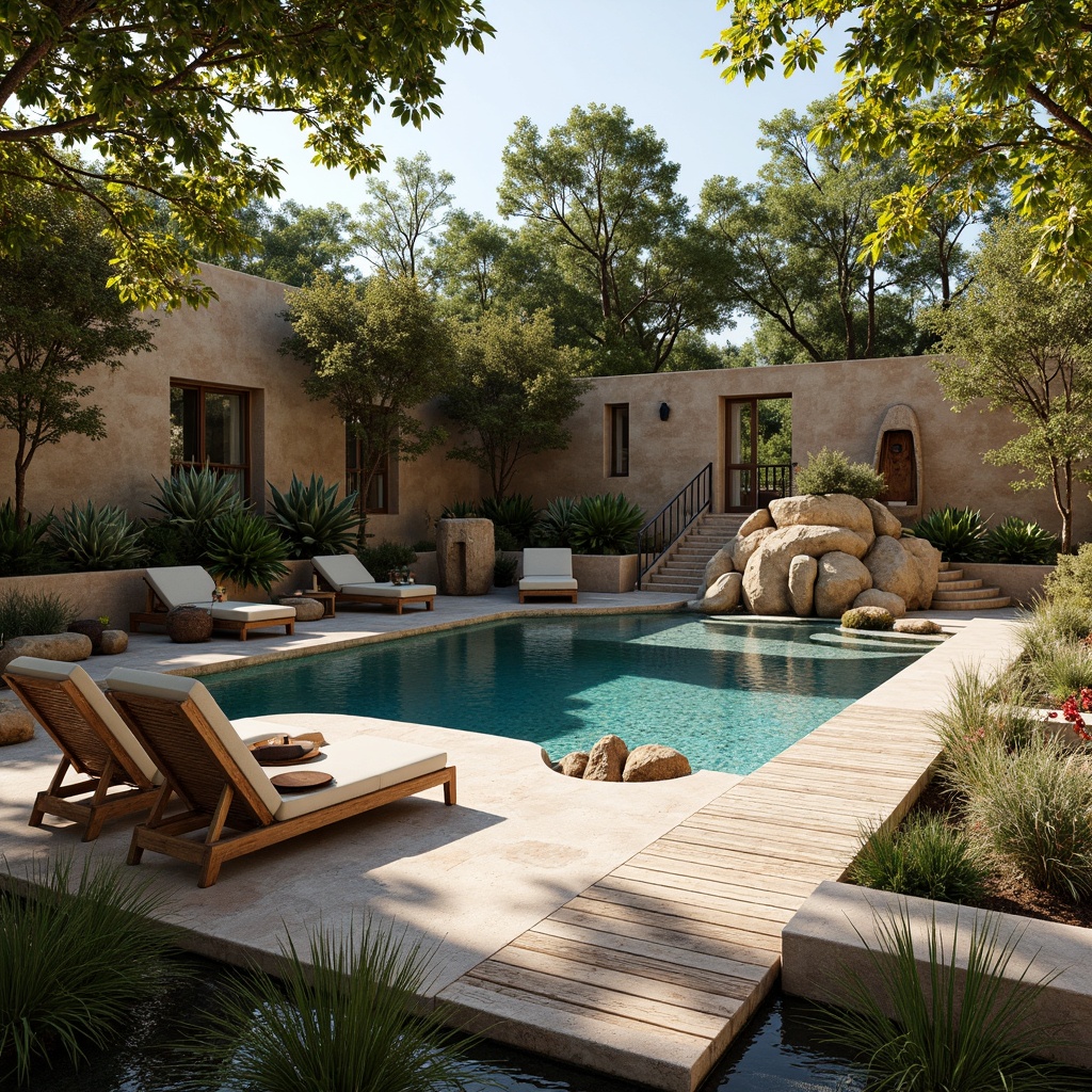 Prompt: Rustic swimming pool, natural stone walls, rough-hewn wood decking, distressed metal railings, earthy brown color palette, organic free-form shape, lush greenery surroundings, tropical plants, warm sunny day, soft golden lighting, shallow depth of field, 1/1 composition, realistic textures, ambient occlusion, water features, rock formations, waterfall, hot tub, outdoor shower, wooden lounge chairs, woven rattan furniture, natural fiber upholstery.