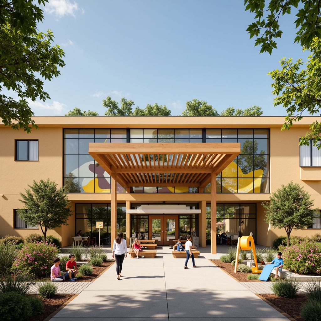 Prompt: Vibrant community center, warm beige exterior walls, inviting entrance canopy, playful kids' play area, colorful murals, energetic yellow accents, calming green spaces, natural wood tones, modern glass facade, welcoming lobby, comfortable seating areas, abundant natural light, softbox lighting, 3/4 composition, shallow depth of field, realistic textures.