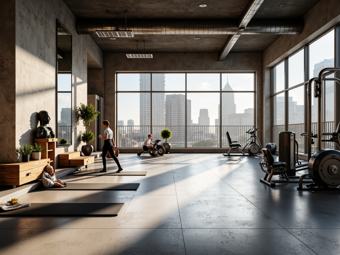 Prompt: Minimalist gym interior, polished concrete floors, mirrored walls, industrial-style lighting, modern fitness equipment, free weights, cardio machines, yoga mats, motivational quotes, urban cityscape views, natural light pouring in, open-space layout, airy atmosphere, abstract art pieces, sleek wooden accents, metallic tones, dynamic shadows, 1/1 composition, high-key lighting, soft focus effect.