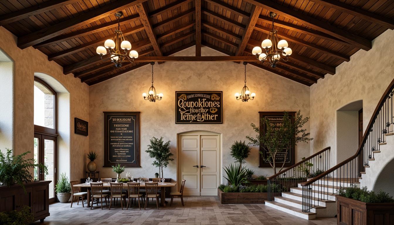 Prompt: Vaulted ceilings, rustic wooden beams, soft warm lighting, elegant chandeliers, cream-colored stone walls, ornate metalwork, distressed finishes, vintage-inspired signage, classic French typography, curved staircases, wrought iron railings, lush greenery, natural stone flooring, earthy tones, cozy ambiance, warm color palette, 1/1 composition, shallow depth of field, realistic textures, ambient occlusion.