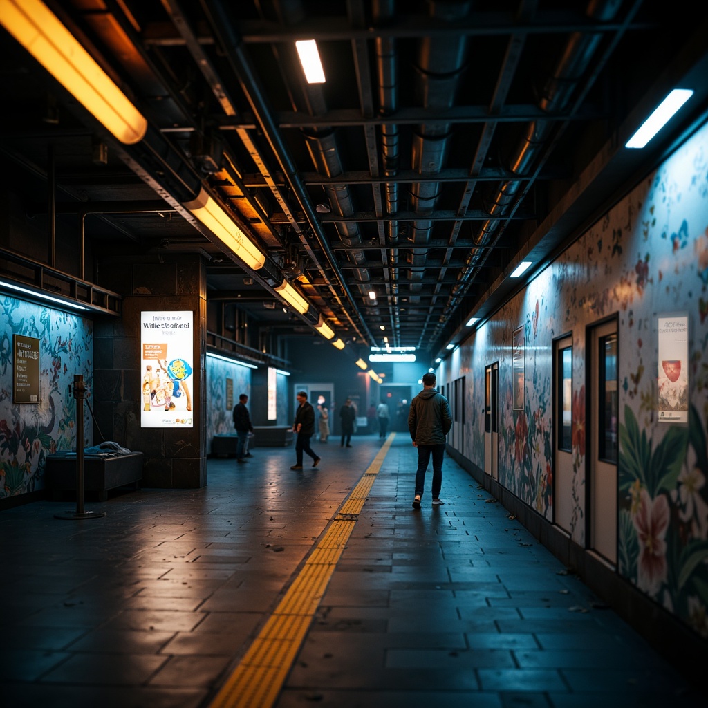 Prompt: Moody metro station, dimly lit tunnels, warm glow of platform lights, futuristic LED installations, neon signs, sleek metal beams, industrial textures, urban atmosphere, morning rush hour, soft warm lighting, shallow depth of field, 1/2 composition, realistic reflections, ambient occlusion, subtle color grading, vibrant advertising displays, dynamic light animations, pedestrian flow simulations.