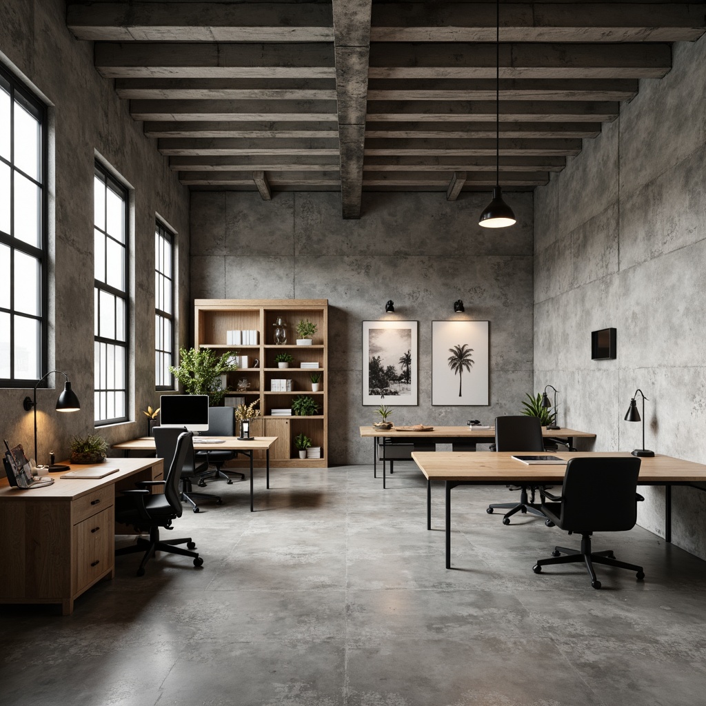 Prompt: Industrial-chic home office, brutalist architecture, exposed concrete walls, metallic beams, reclaimed wood furniture, minimalist decor, functional shelving units, ergonomic workstations, adjustable desk lamps, modern task chairs, abstract artwork, industrial-style lighting fixtures, polished concrete floors, urban loft ambiance, natural light pouring in, soft boxy shadows, 1/1 composition, high-contrast color palette, realistic textures, ambient occlusion.