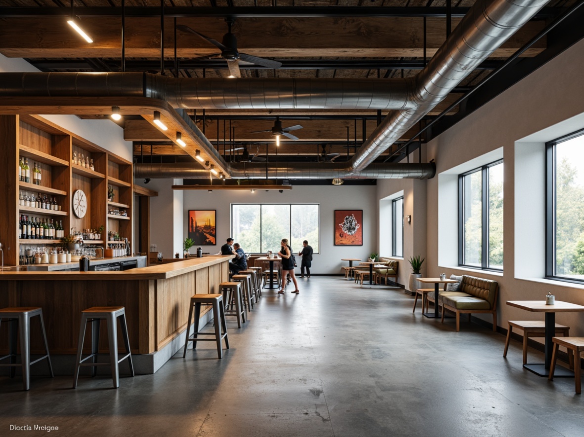 Prompt: Minimalist pub interior, open space layout, industrial concrete flooring, exposed ductwork ceiling, reclaimed wooden accents, steel beams, modern pendant lighting, neutral color palette, comfortable lounge seating, rustic wooden tables, metallic bar stools, floor-to-ceiling windows, natural daylight, subtle warm lighting, shallow depth of field, 1/1 composition, realistic textures, ambient occlusion.