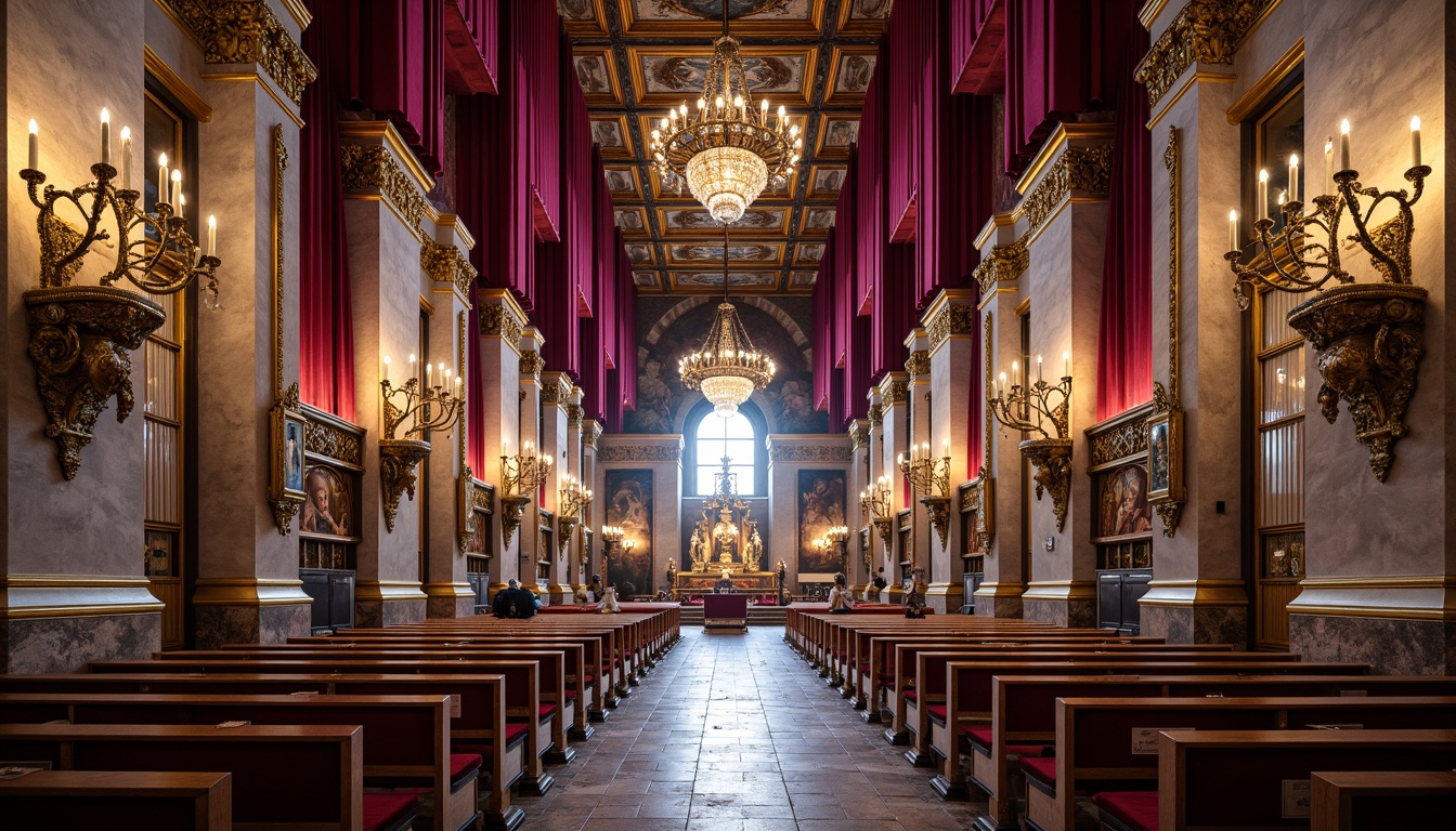 Prompt: Ornate church interior, rich golden ornaments, intricate marble carvings, vibrant red velvet drapes, gleaming bronze accents, ornamental frescoes, grandiose chandeliers, lavish crystal fixtures, regal purple hues, majestic stone columns, elaborate wooden furnishings, gilded details, dramatic lighting effects, warm candlelit ambiance, shallow depth of field, 1/2 composition, symmetrical framing, high-contrast colors, realistic textures, ambient occlusion.