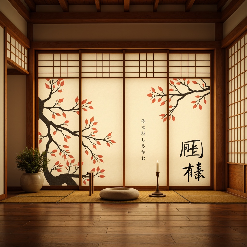 Prompt: Traditional Japanese shoji screens, natural wood accents, bamboo textures, rice paper wall coverings, subtle tatami mat patterns, soft warm lighting, warm beige tones, minimalist ornamentation, delicate cherry blossom motifs, hand-painted kanji characters, elegant sliding doors, polished wooden floors, serene ambiance, shallow depth of field, 3/4 composition, realistic wood grain details, ambient occlusion.