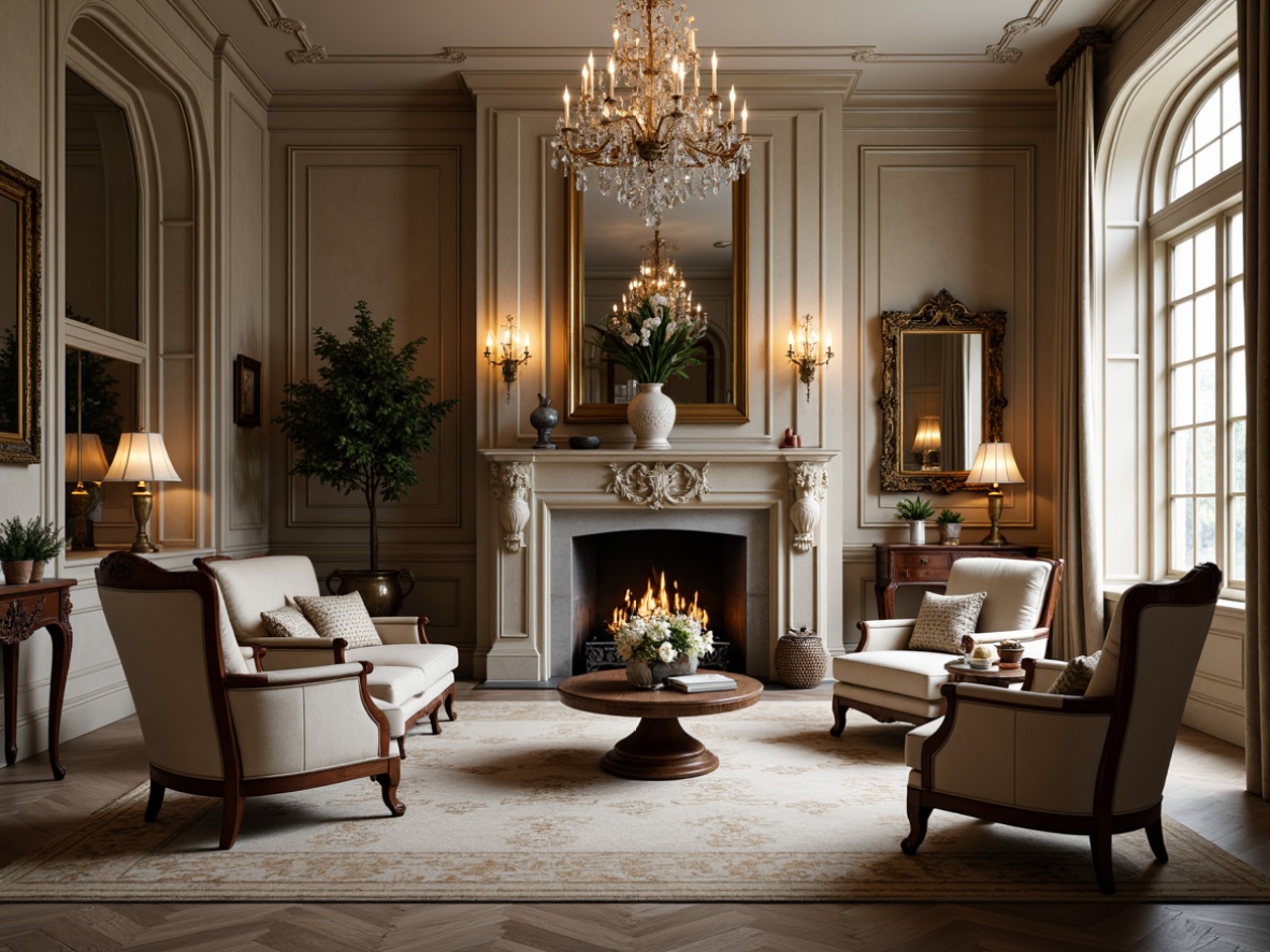 Prompt: Elegant neoclassical living room, ornate furniture pieces, curved legs, intricately carved wood, luxurious velvet upholstery, subtle gold accents, symmetrical compositions, refined proportions, neutral color palette, richly textured fabrics, dramatic crystal chandeliers, classical motifs, subtle patterns, sophisticated ambiance, soft warm lighting, shallow depth of field, 3/4 composition, realistic textures, ambient occlusion.