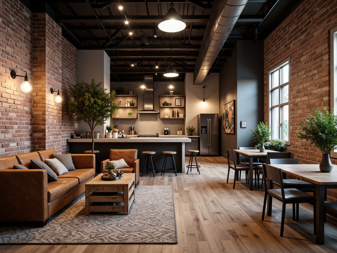 Prompt: Exposed brick walls, metal beams, reclaimed wood floors, industrial chic decor, vintage factory lights, distressed leather sofas, metal frame chairs, wooden crates, exposed ductwork, urban loft atmosphere, modern minimalist aesthetic, functional storage units, concrete countertops, stainless steel appliances, Edison bulb fixtures, moody color palette, high ceilings, open floor plan, natural textiles, geometric patterned rugs, abstract artwork, functional decor pieces.