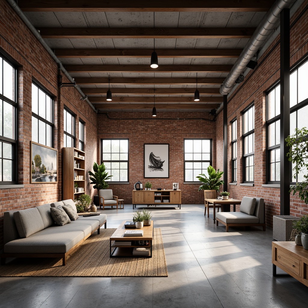 Prompt: Exposed brick walls, industrial chic aesthetic, polished concrete floors, modern minimalist decor, sleek metal beams, abundant natural light, floor-to-ceiling windows, reclaimed wood accents, functional modular furniture, urban loft vibe, eclectic art pieces, open shelving systems, airy atmosphere, soft warm lighting, shallow depth of field, 1/1 composition, panoramic view, realistic textures, ambient occlusion.