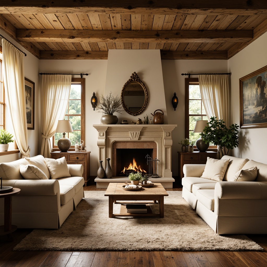 Prompt: Cozy family room, rustic French country style, warm beige walls, distressed wood accents, soft cream-colored furniture, vintage decorative items, ornate mirrors, plush area rugs, natural stone fireplace, crackling fire, warm golden lighting, shallow depth of field, 1/1 composition, intimate atmosphere, rich textures, subtle color palette.