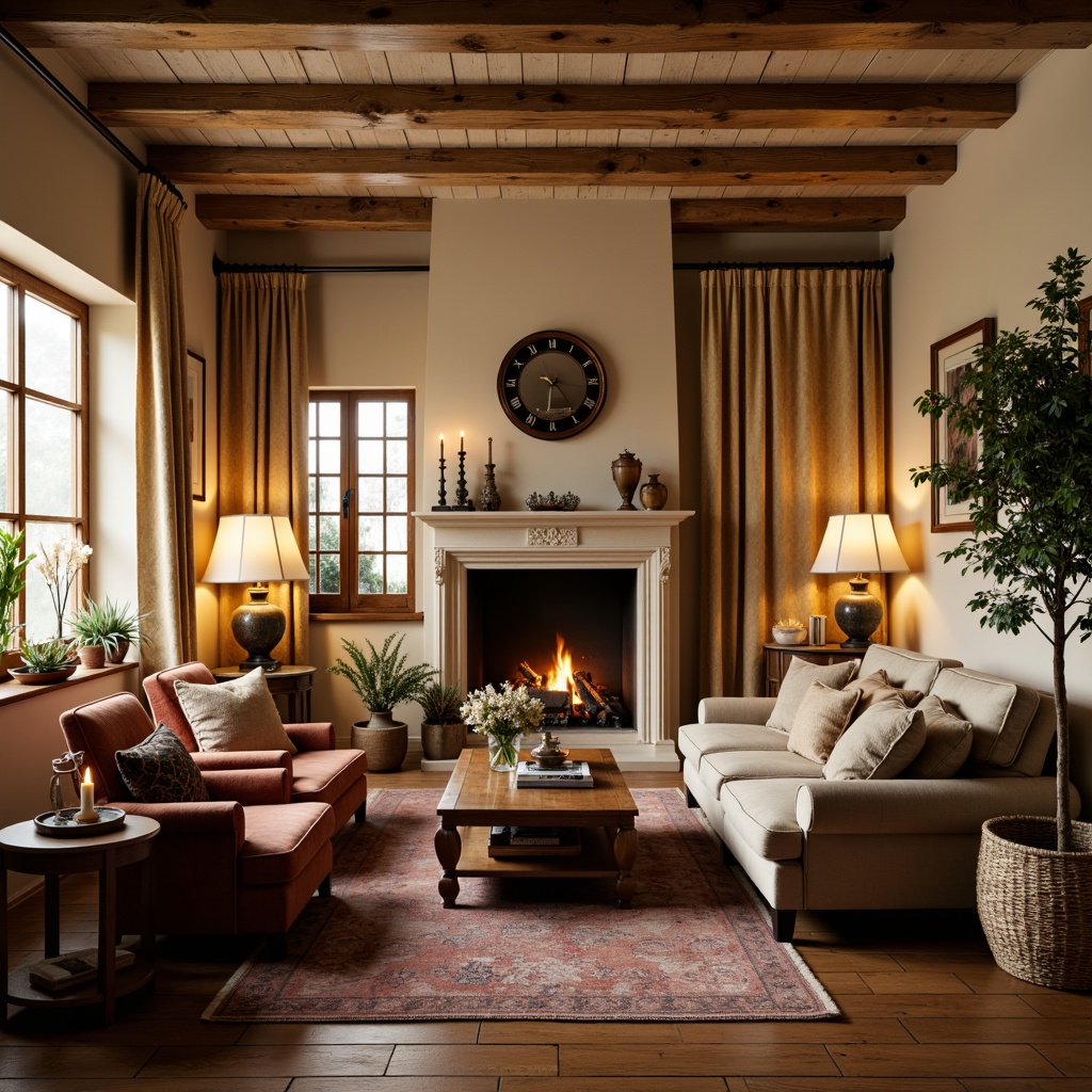 Prompt: Cozy family room, rustic French country style, warm beige walls, distressed wood flooring, plush velvet sofas, vintage armchairs, soft golden lighting, table lamps with linen shades, floor lamps with wooden accents, warm candlelight, crackling fireplace, natural stone surround, richly textured area rugs, elegant drapery with subtle patterns, gentle morning sunlight, warm afternoon glow, softbox lighting, 2/3 composition, intimate atmosphere, realistic wood textures, ambient occlusion.