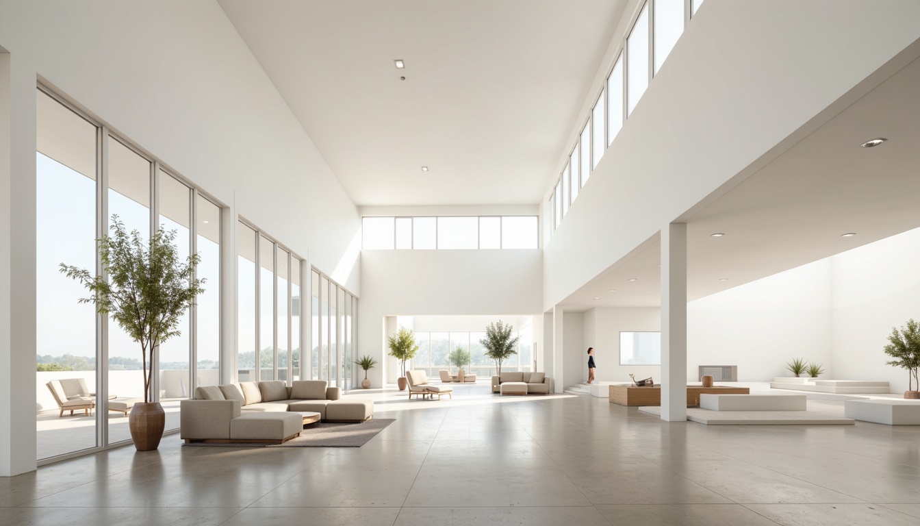 Prompt: Minimalist interior, white walls, polished concrete floors, sparse furniture, floor-to-ceiling windows, sliding glass doors, clerestory windows, skylights, reflective surfaces, matte finishes, subtle color palette, warm natural light, soft shadows, 1/1 composition, shallow depth of field, realistic textures, ambient occlusion, airy atmosphere, simplicity emphasis.