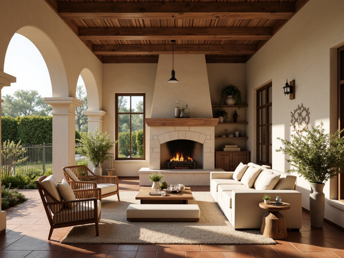 Prompt: Warm beige walls, soft cream accents, earthy terracotta floors, calming natural wood tones, rich walnut furniture, soothing sage greenery, muted golden lighting, comfortable plush furnishings, rustic stone fireplaces, vintage distressed finishes, ornate wooden trim, elegant curved lines, serene outdoor gardens, lush flower arrangements, subtle aroma of lavender, warm inviting atmosphere, 1/1 composition, soft focus effect, natural textures, ambient occlusion.