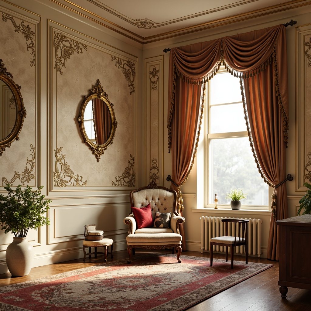 Prompt: Richly patterned wallpaper, soft warm beige tones, ornate gold molding, delicate floral accents, creamy white wainscoting, intricate stencil work, vintage-inspired wall decals, distressed finishes, ornamental mirrors, lavish drapery, velvet fabrics, tassel trimmings, plush area rugs, antique furniture pieces, softbox lighting, 1/1 composition, warm golden hour, realistic textures, ambient occlusion.