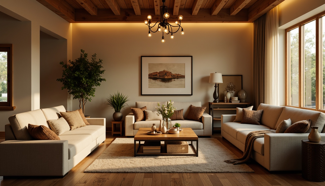 Prompt: Cozy living room, warm beige walls, comfortable sofas, rustic wooden coffee table, elegant chandelier, soft warm glow, pendant lights, industrial metal shades, Edison bulbs, dimmable fixtures, ambient lighting, layered illumination, warm color temperature, intimate atmosphere, relaxing vibe, subtle shadows, minimalist decor, modern furniture pieces, natural textiles, earthy tones, afternoon sunbeams, 1/1 composition, shallow depth of field.