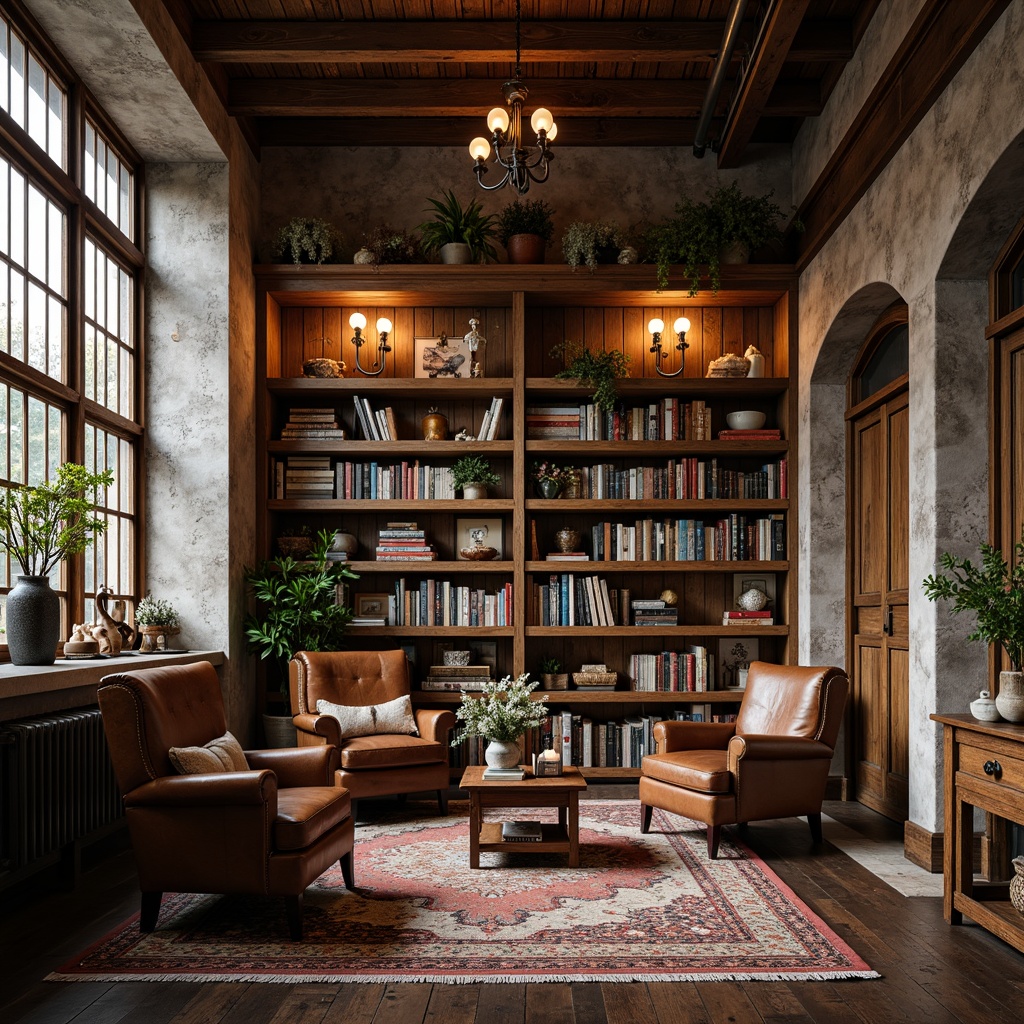 Prompt: Cozy library interior, rustic wooden shelves, vintage book collections, worn leather armchairs, distressed stone walls, earthy color palette, warm soft lighting, comfortable reading nooks, natural fiber rugs, reclaimed wood accents, industrial metal beams, exposed brick ceilings, wooden ladders, rich fabric upholstery, ornate metal fixtures, warm candlelight, shallow depth of field, 1/2 composition, realistic textures, ambient occlusion.