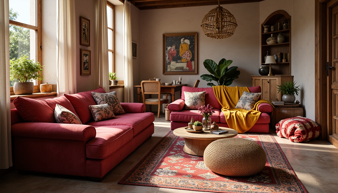 Prompt: Plush velvet sofas, soft cotton upholstery, woven wicker furniture, natural linen drapes, vibrant colorful throw pillows, intricate geometric patterns, Moroccan-inspired tiles, cozy woolen blankets, rustic wooden accents, warm ambient lighting, shallow depth of field, 1/1 composition, realistic textures, ambient occlusion.