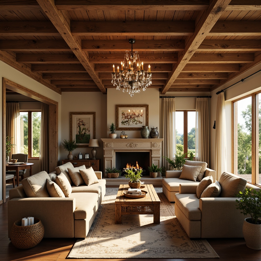 Prompt: Cozy family room, rustic wooden beams, stone fireplace, plush velvet sofas, distressed leather armchairs, ornate carved wooden coffee tables, vintage woven baskets, soft golden lighting, warm beige walls, elegant crystal chandeliers, richly patterned area rugs, comfortable oversized pillows, natural linen fabrics, delicate lace curtains, charming countryside views, sunny afternoon, soft focus, 1/1 composition, realistic textures, ambient occlusion.