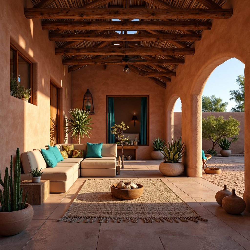 Prompt: Southwestern adobe hut, rustic wooden accents, earthy terracotta tones, vibrant turquoise decorations, woven textiles, natural fiber rugs, wooden ceiling beams, distressed wood furniture, clay pottery, desert botanicals, cactus silhouettes, warm golden lighting, soft shadows, shallow depth of field, 1/1 composition, realistic textures, ambient occlusion.