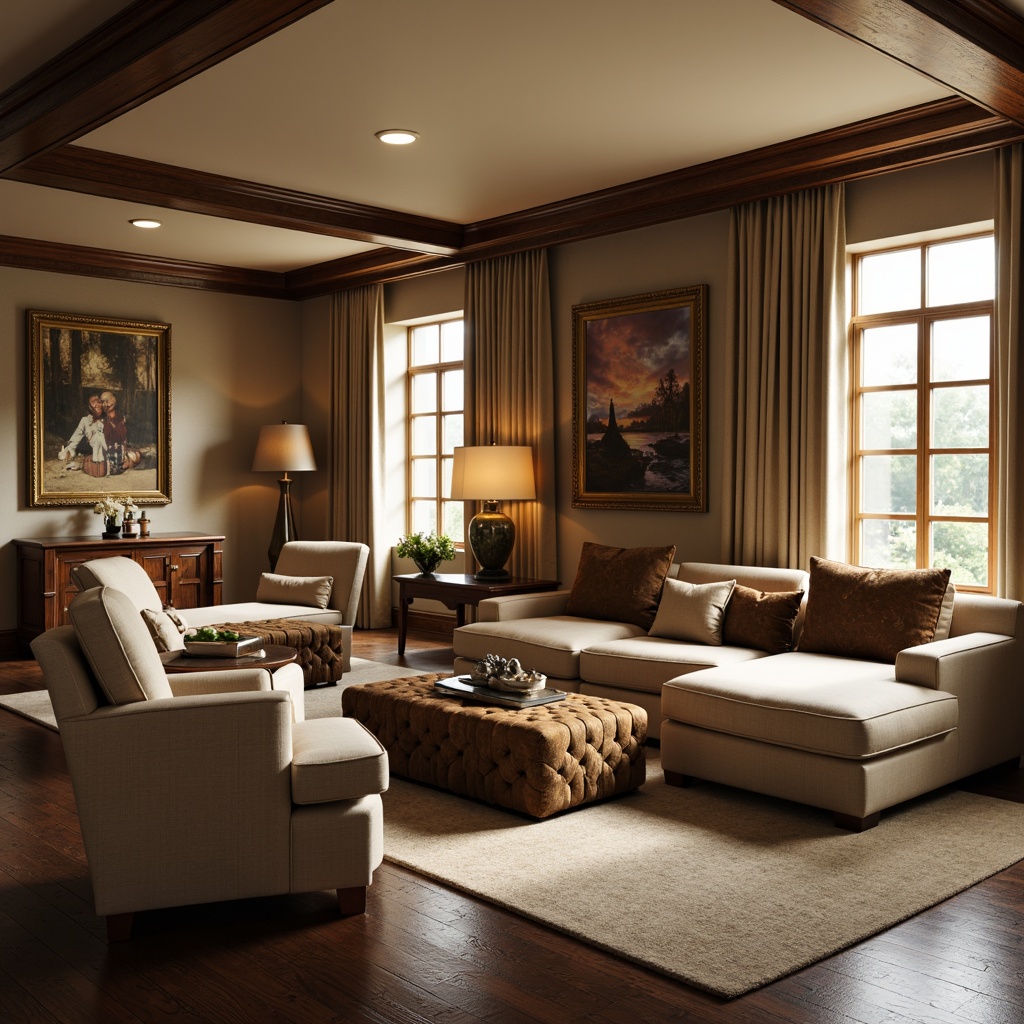 Prompt: Luxurious living room, plush sofas, velvet armchairs, tufted ottomans, rich wood accents, metallic legs, soft cushions, ergonomic designs, adjustable headrests, reclining mechanisms, floor lamps, table lamps, warm beige walls, dark hardwood floors, large windows, natural daylight, cozy atmosphere, 1/1 composition, shallow depth of field, realistic textures, ambient occlusion.