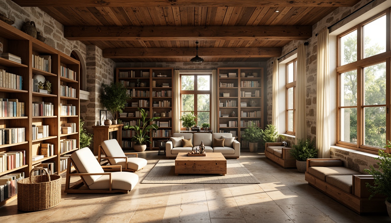 Prompt: Cozy farmhouse library, rustic wooden shelves, vintage book collections, natural stone walls, earthy tone flooring, large windows, soft warm lighting, gentle sunbeams, comfortable reading nooks, plush armchairs, woven baskets, potted plants, distressed wood accents, metal lanterns, warm beige colors, organic textures, shallow depth of field, 1/1 composition, realistic renderings, ambient occlusion.