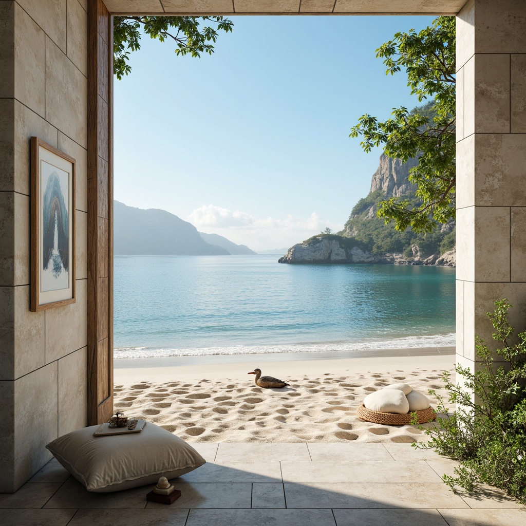 Prompt: Soothing azure hues, serene atmosphere, calming waterscape, gentle waves, soft sandy beach, driftwood accents, weathered stone textures, misty morning light, warm sunny day, shallow depth of field, 1/1 composition, panoramic view, realistic reflections, ambient occlusion, tranquil ambiance, peaceful retreat, natural materials, organic forms, minimalist decor, cozy nooks, plush furnishings, creamy whites, pale blues, muted greens, earthy tones.