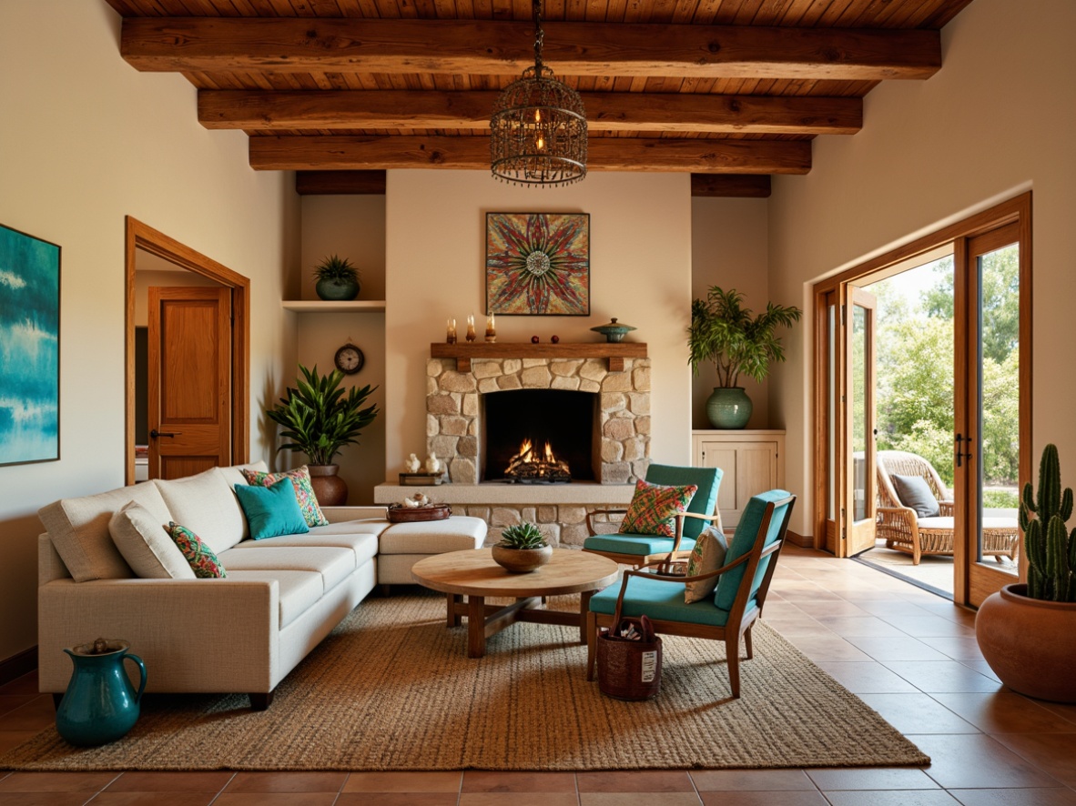 Prompt: Southwestern great room, warm beige walls, rich wood accents, vibrant turquoise decor, plush sectional sofa, woven jute rug, natural stone fireplace, wooden ceiling beams, rustic metal chandeliers, colorful geometric patterns, textured throw blankets, potted cacti plants, earthy terracotta vases, warm golden lighting, shallow depth of field, 1/1 composition, realistic textures, ambient occlusion.