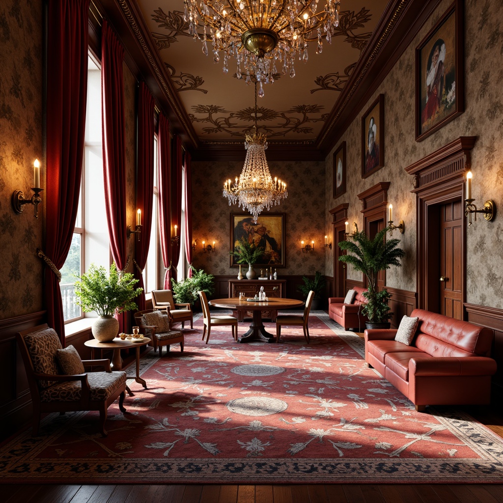 Prompt: Luxurious velvet drapes, rich brocade fabrics, intricate floral patterns, ornate wooden furniture, carved mahogany panels, opulent crystal chandeliers, lavish silk upholstery, tufted leather armchairs, damask wallcoverings, heavy tapestries, ornamental tassels, gilded frames, bronze accents, soft warm candlelight, 1/1 composition, realistic textures, ambient occlusion.