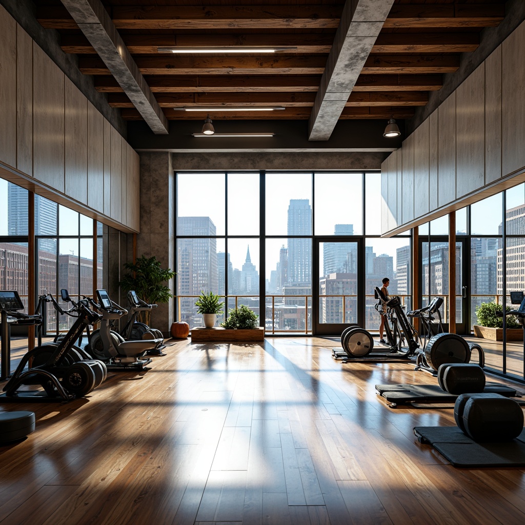 Prompt: Spacious fitness studio, polished wooden floors, mirrored walls, state-of-the-art equipment, free weights, cardio machines, yoga mats, meditation areas, natural light pouring in, floor-to-ceiling windows, urban cityscape views, industrial chic decor, reclaimed wood accents, metallic beams, modern LED lighting, vibrant color scheme, motivational quotes, soundproofing, private training rooms, group fitness classes, personalized coaching, real-time performance tracking, advanced ventilation systems, refreshing air circulation, 3/4 composition, shallow depth of field, panoramic view.