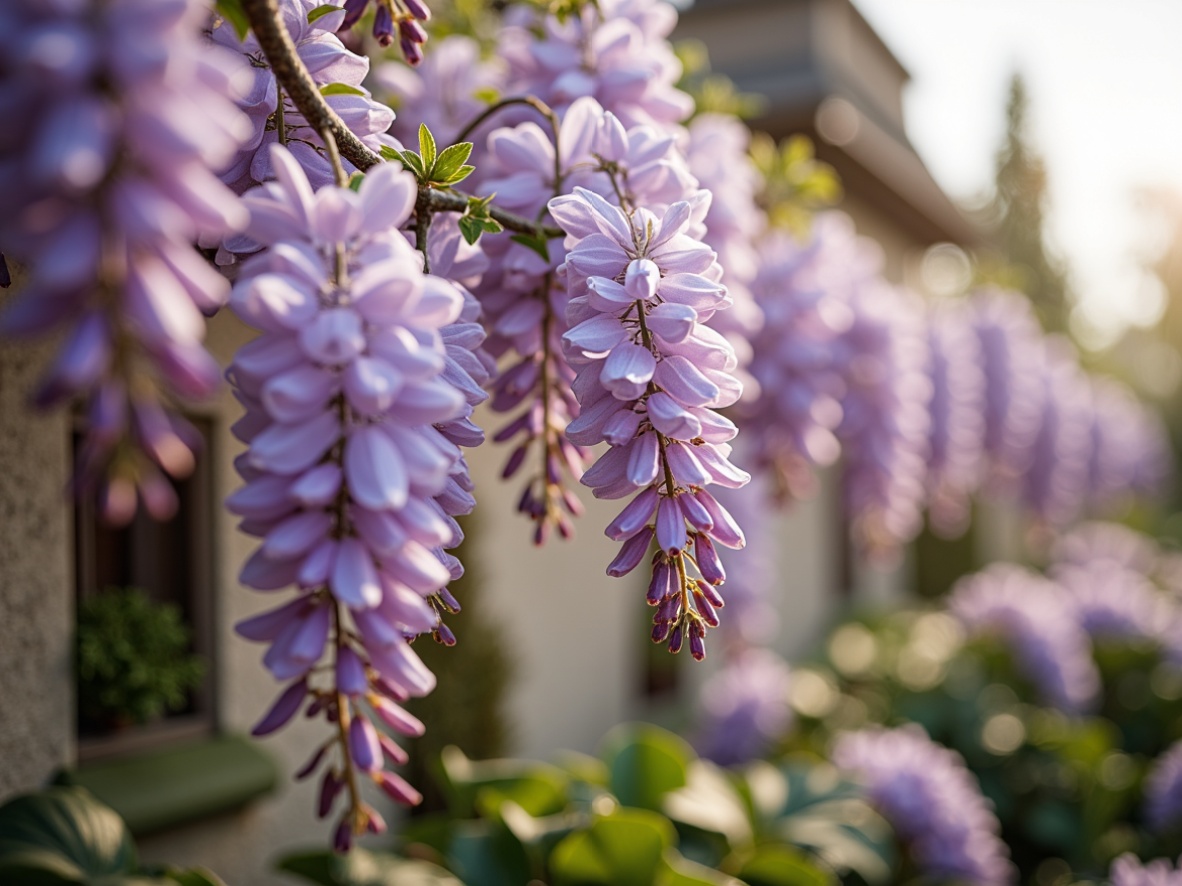 Prompt: Soft wisteria flowers, delicate petals, pastel purple hues, gentle lavender shades, creamy whites, warm beige tones, natural earthy browns, lush greenery, whimsical garden setting, serene atmosphere, soft warm lighting, shallow depth of field, 3/4 composition, panoramic view, realistic textures, ambient occlusion.