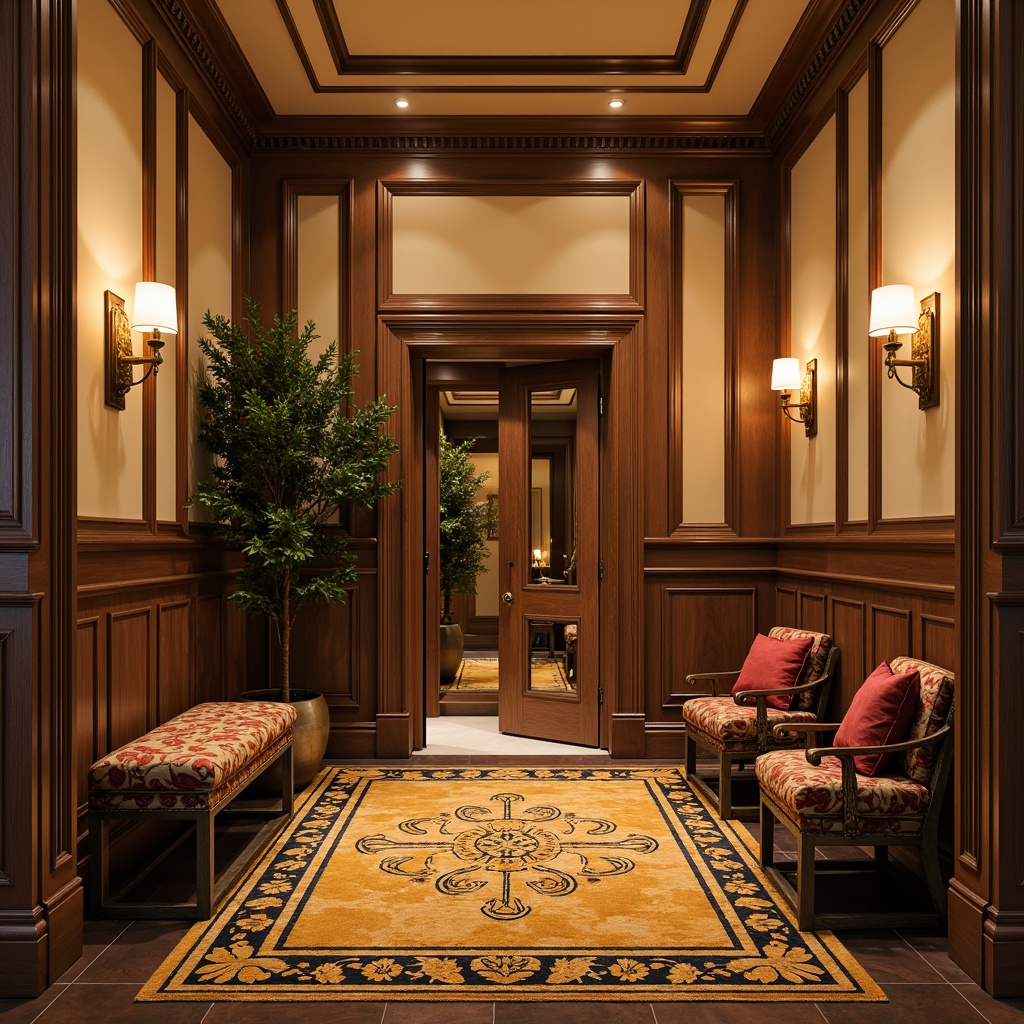 Prompt: Rich mudroom, warm beige walls, luxurious wood accents, ornate metal fixtures, geometric patterned rugs, lavish velvet upholstery, opulent gold lighting, sophisticated Art Deco style, rich jewel-toned colors, emerald green, navy blue, crimson red, sunny yellow, bold black outlines, intricate inlays, metallic sheen, dramatic shadows, high-contrast lighting, 1/2 composition, ornate frame borders, realistic textures, ambient occlusion.