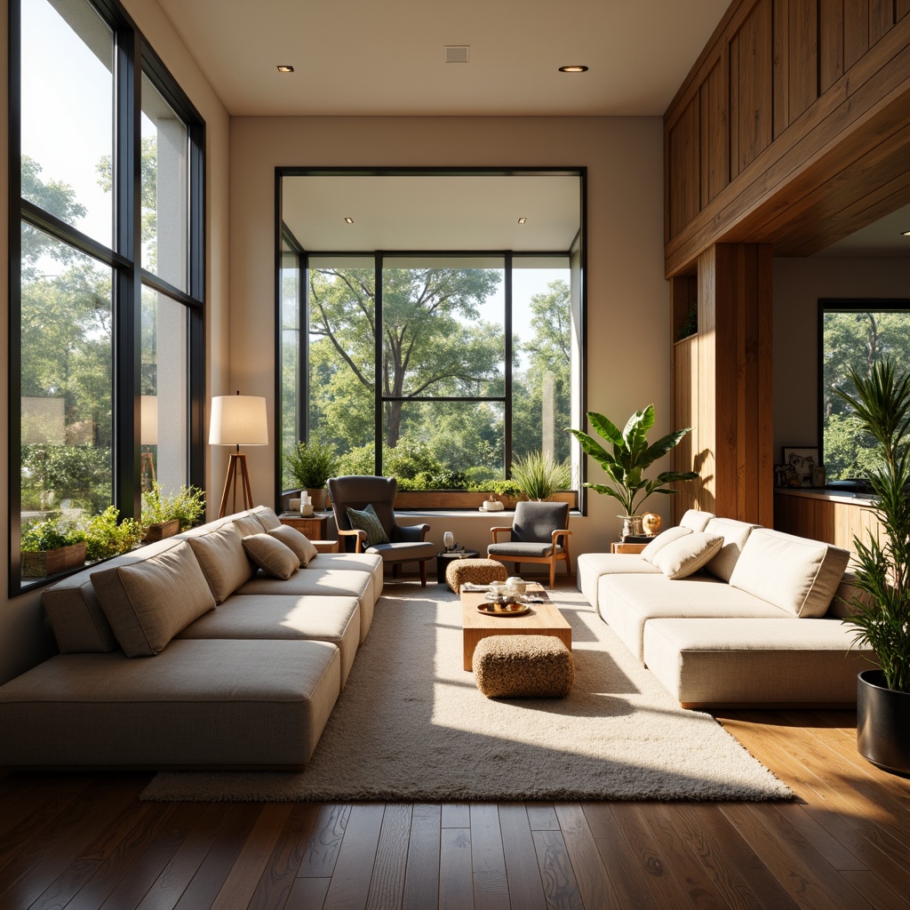 Prompt: Cozy living room, plush sectional sofa, oversized pillows, warm beige walls, dark wood flooring, soft carpeting, floor-to-ceiling windows, natural sunlight, minimalist decor, modern coffee table, comfortable reading nook, ergonomic chairs, vibrant greenery, ambient lighting, shallow depth of field, 1/2 composition, realistic textures, relaxed atmosphere.