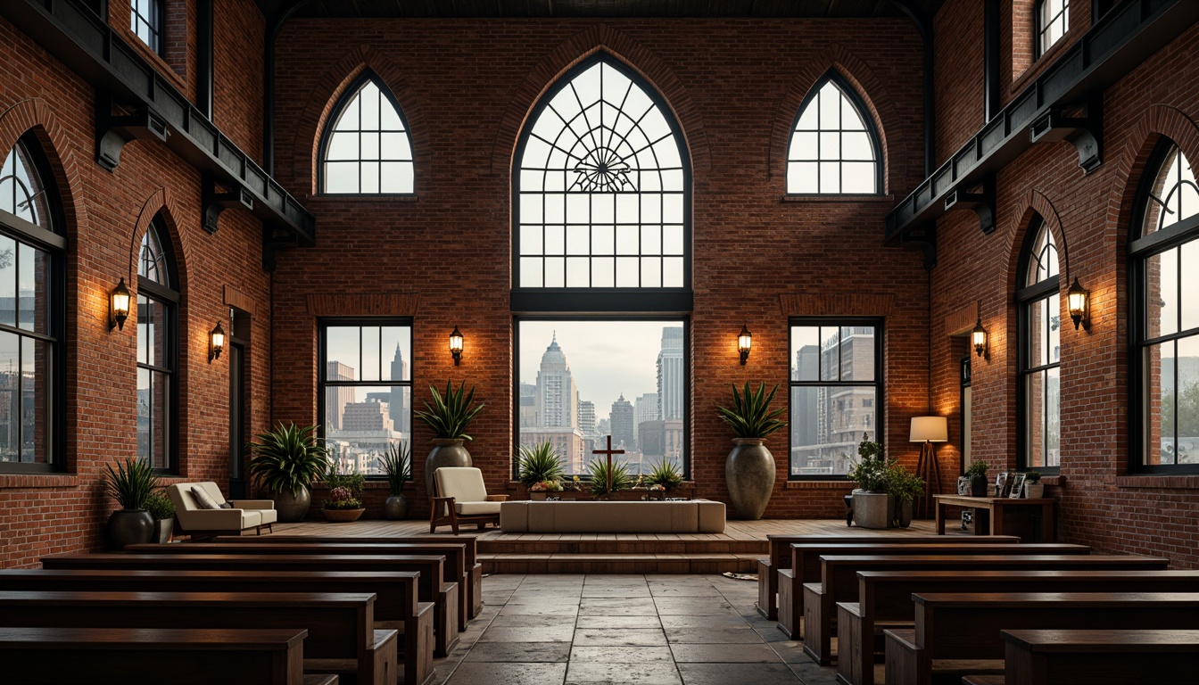 Prompt: Industrial-chic cathedral, exposed brick walls, metal beam ceilings, reclaimed wood accents, stained glass windows, ornate ironwork details, dramatic spotlights, warm ambient glow, softbox lighting, high-contrast shadows, rustic stone flooring, minimalist pews, urban cityscape views, overcast skies, 1/2 composition, cinematic lighting, realistic reflections, subtle color grading.