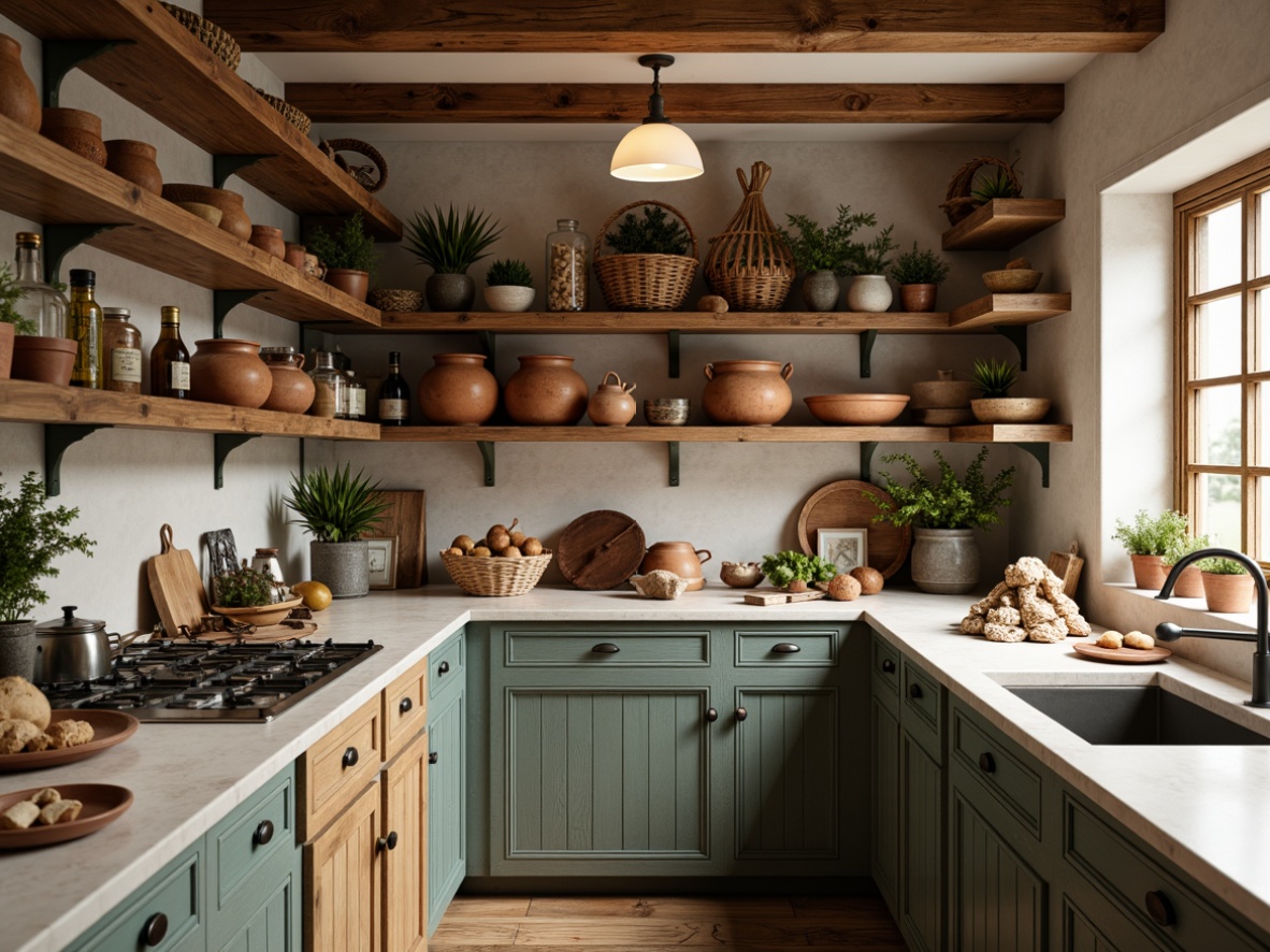 Prompt: Warm and inviting pantry, rustic wooden shelves, vintage metal bins, earthy terracotta pots, soft warm lighting, creamy whites, weathered wood tones, muted sage greens, dusty blues, rich walnut browns, natural stone countertops, woven wicker baskets, distressed finishes, cozy atmosphere, shallow depth of field, 1/2 composition, realistic textures, ambient occlusion.