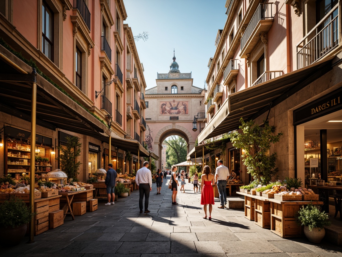 Prompt: Vibrant market scene, ornate Renaissance architecture, grand archways, intricately carved stonework, decorative cornices, lavish frescoes, gilded accents, ornamental fountains, lively street performers, colorful merchant stalls, authentic Italian cuisine, rustic wooden crates, aged stone pavement, warm golden lighting, shallow depth of field, 1/2 composition, detailed textures, ambient occlusion.