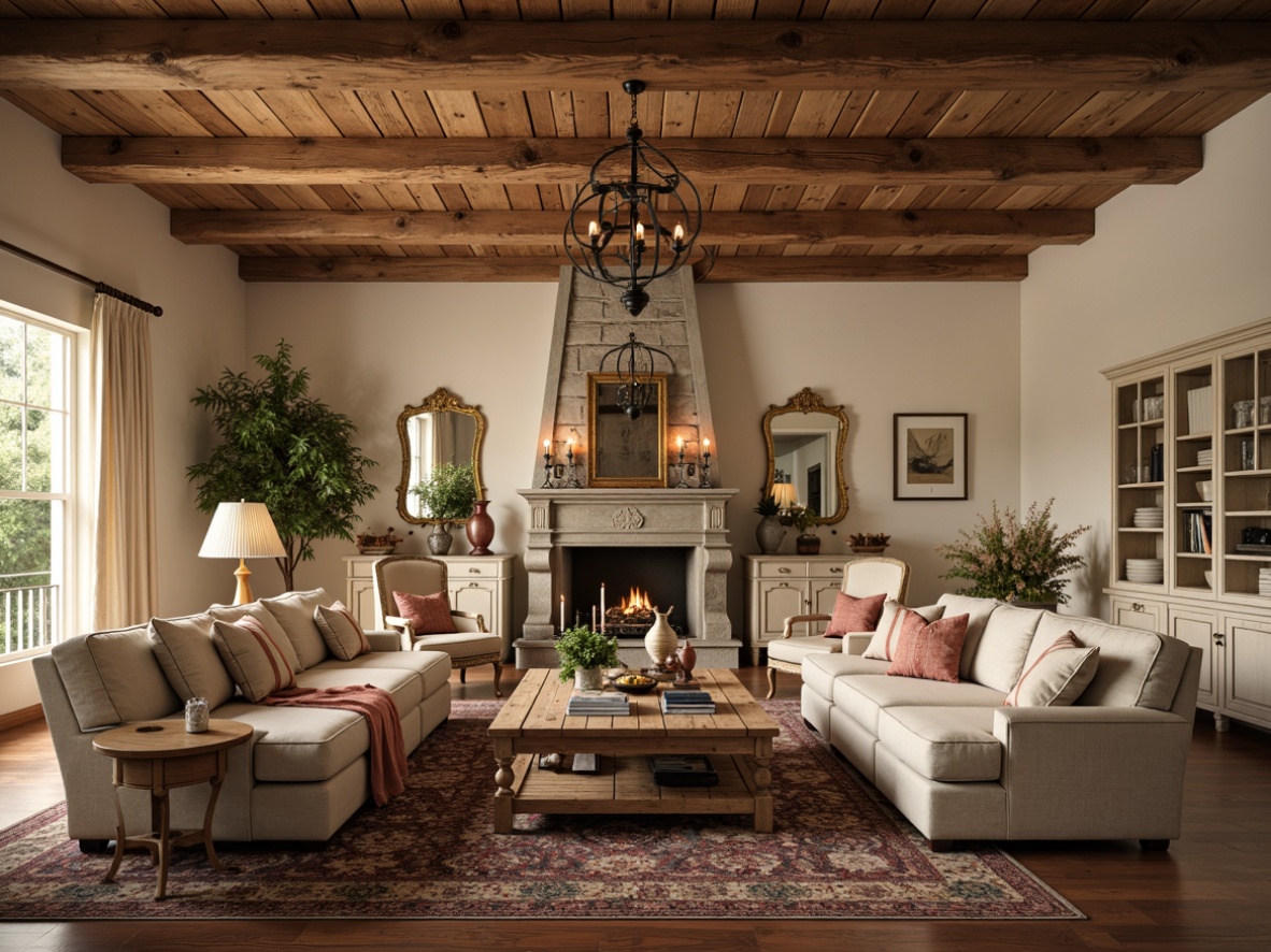 Prompt: Cozy family room, rustic wooden beams, soft beige walls, plush velvet sofas, distressed wood coffee tables, ornate bronze lamp fixtures, vintage rug patterns, warm candlelight ambiance, rich fabric drapes, carved wooden armchairs, natural stone fireplace, elegant chandeliers, creamy white cabinets, ornamental mirrors, French country style decor, comfortable throw pillows, soft pastel colors, relaxed atmosphere, 1/1 composition, warm golden lighting, realistic textures, ambient occlusion.