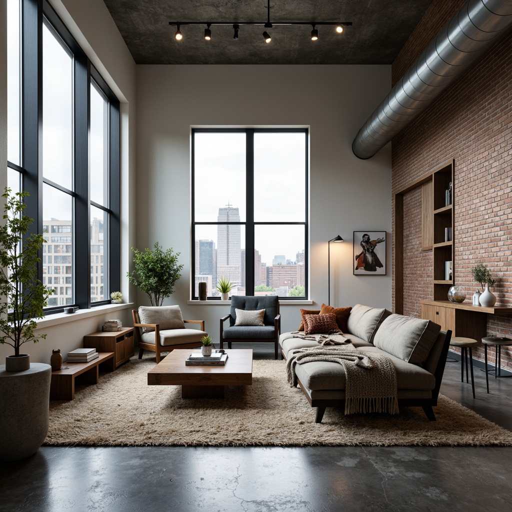 Prompt: Modern living room, sleek furniture, ergonomic design, optimal functionality, comfortable seating, stylish coffee table, floor-to-ceiling windows, natural light, urban loft apartment, high ceilings, polished concrete floors, minimalist decor, ambient lighting, 1/2 composition, shallow depth of field, warm color palette, textured throw blankets, potted greenery, industrial-chic accents.