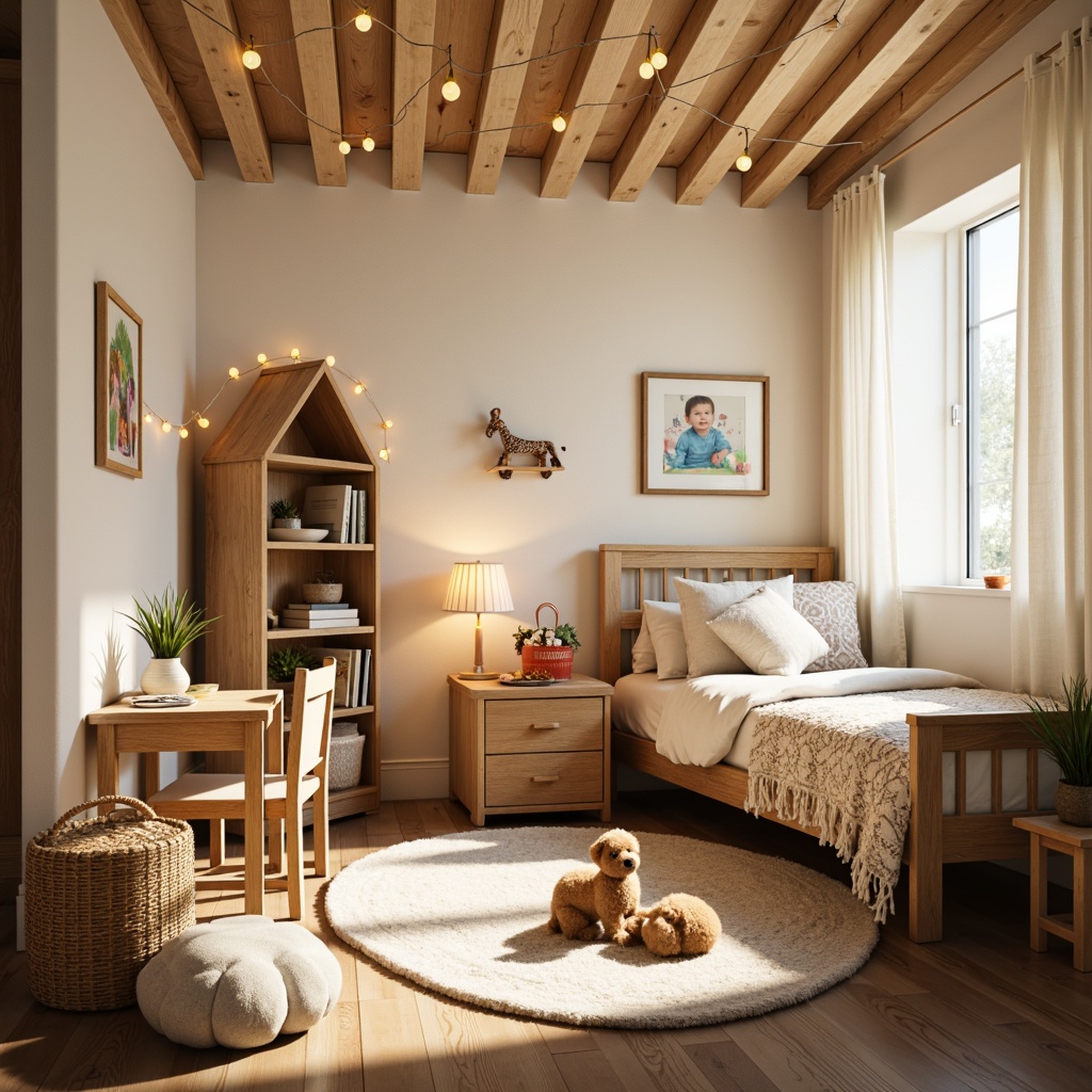 Prompt: Whimsical kids' bedroom, vernacular style furniture, soft warm lighting, table lamps with colorful shades, string lights on walls, floor lamps with playful shapes, cozy reading nook, comfortable plush carpets, creamy white walls, wooden accents, natural fabrics, vintage toys, framed childhood memories, gentle morning sunlight, 1/1 composition, realistic textures, ambient occlusion.